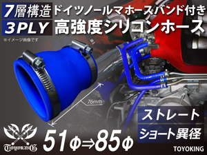 レーシングカー ドイツ ノールマ バンド付 高強度シリコンホース ショート 異径 内径51⇒85Φ 全長76mm 青色 汎用品