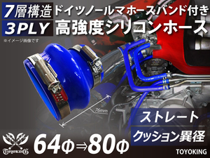 レーシングカー ドイツ ノールマ バンド付 高強度シリコンホース クッション 異径 内径80⇒64Φ 全長76mm 青色 汎用品