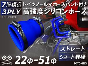 レーシングカー ドイツ ノールマ バンド付 高強度シリコンホース ショート 異径 内径22⇒51Φ 全長76mm 青色 汎用品