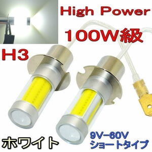 LED フォグランプ 高輝度 最新式 360度 COB製 H3 ハイパワー 100W級 x 2灯 ホワイト 白色 6000K 24V 33.5mm ショートタイプ