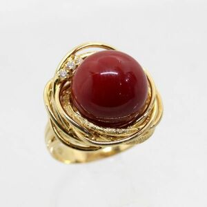 ◎中古美品◎１８金　赤サンゴ　12.5mm　ダイヤ　リング　12号