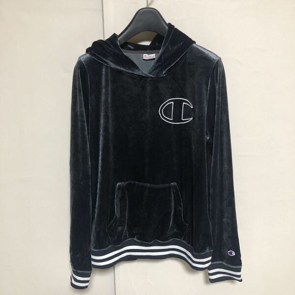 Champion チャンピオン × E hyphen world gallery イーハイフン ベロア パーカー フーディ 光沢黒系 160 美品 管理C866