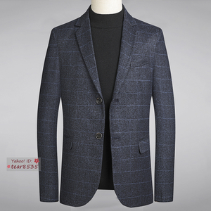 新品■ビジネススーツ ブレザー 細身◆メンズ チェック テーラードジャケット カジュアル 秋冬コート ブルー 3XL