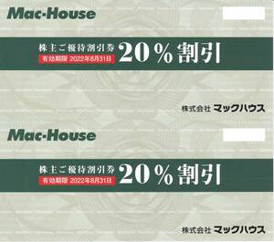 最新　【２枚１８０円】　マックハウス株主優待券　２０％割引券　2022.8.31迄