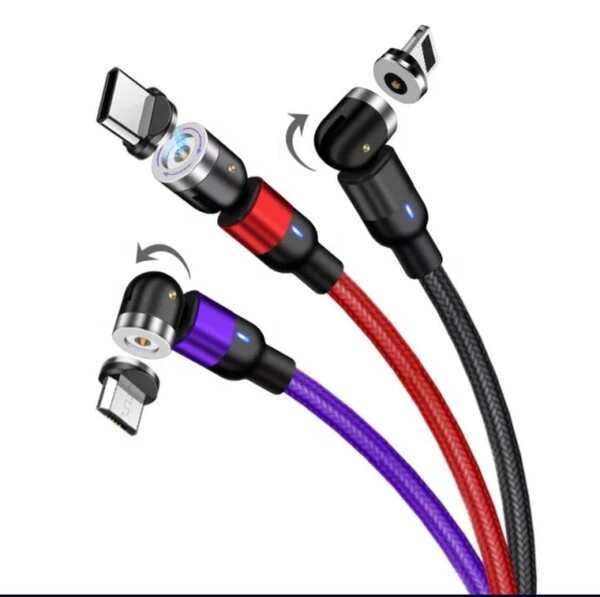 新型 540°光るマグネット充電ケーブル 2m×3色 ♪ 540°光る充電ケーブル 3in1・安定充電 3端子セット