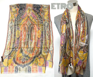 ETRO■レア美品　ラメ加工　ペイズリー柄シルクシフォン縦型ロングスカーフ　ショール・ストール　エトロ