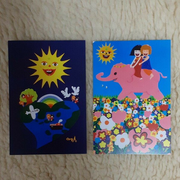 ハッピーカップルのポストカード　2枚セット　ハッピーアースとピンクの象　画家　小楠アキコ作品