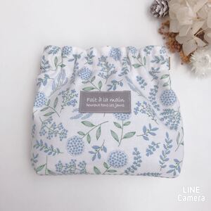 ハンドメイド cottonあわい花柄 ブルー系 切替マチのバネ口ポーチ バネ口12cm