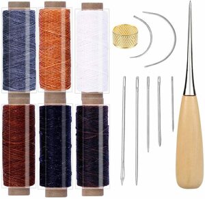 1品限定！RMTIME 蝋引き糸 レザークラフト 15点セット 革 DIY 手作り 裁縫 ロウ引き糸 6色 縫い糸用針 指守り輪