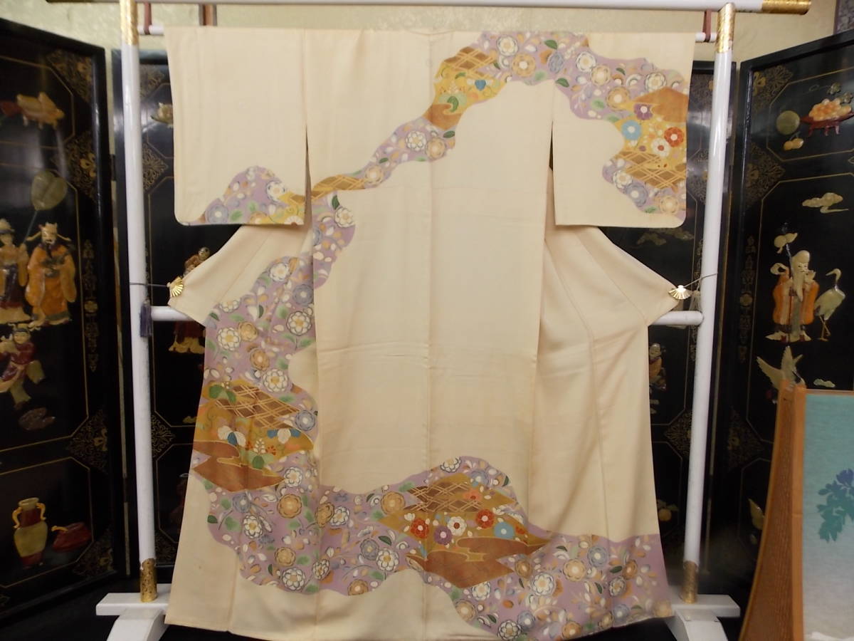 Kimono Konjaku 3031 Luxury hand-painted visiting wear Tsujigahana with gold colored pine bark rhombus gilt embroidery, women's kimono, kimono, Visiting dress, Tailored