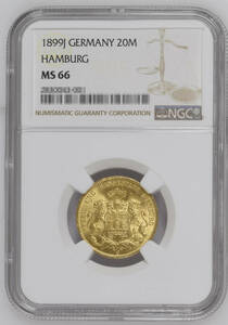 【記念貨幣】1899年ドイツハンザ同盟都市ハンブルグ20マーク金貨 NGC MS66★幅22.5ｍｍ、重さ7.965g A32