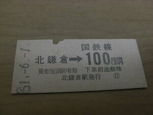 横須賀線　北鎌倉→国鉄線100円区間　昭和51年　北鎌倉駅発行　国鉄