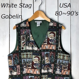 USA古着 80s～90s WHITE STAG ゴブラン織り ベスト サンタクロース S～M オールド ヴィンテージ ア クリスマス ホワイトスタッグ 緑 ●44