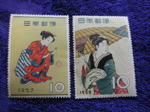 切手趣味週間　１９５７年　まりつき　５８年　雨傘　２種　１０円　２枚　格安