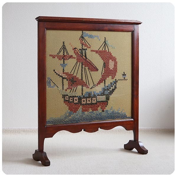 British antique fire screen/embroidered/sailing ship/store fixtures/display/screen/furniture [fireplace cover like a painting] Z-712, antique, collection, furniture, Western