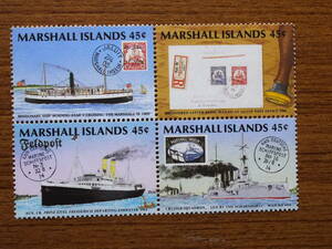 マーシャル諸島切手　マーシャル諸島郵便の歴史　４種ブロック未使用　フランス切手展　1989年
