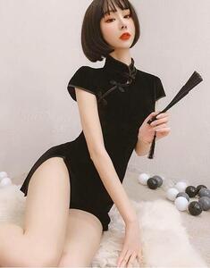 セクシーコスプレ衣装 黒チャイナドレス ベロア生地 チャイナ服 可愛いコスプレ
