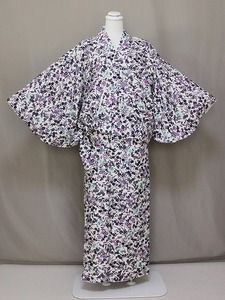 新柄二部式着物 G1118-08L 送料無料 Ｌサイズ 帯不要のきもの 小紋紋柄の洗える着物 白に紫小花色の二部式きもの　