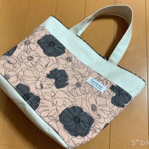 ハンドメイド 帆布 トートバッグ ポケット付き くすみピンク&グレー系 花柄 北欧風 バッグインバッグ