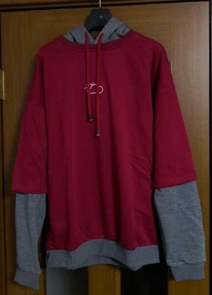 FASHION プルオーバースウェットパーカーダークレッド&グレー XL(日本サイズL~LL)