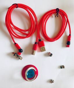 3in1 マグネット充電ケーブル 長さ1m2本 レッド スマホホルダー付き