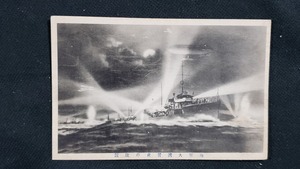 ｈ▲　戦前絵葉書　海軍大演習夜の壮観　軍艦　戦艦　飛行機　複葉機　風景　光景　景色　レトロ　アンティーク /pc70①