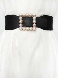  lady's belt rubber suit pearl belt square black waist belt elasticity high quality re-arrival 