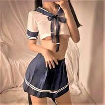 紺色 ミニスカ セーラー服 女子高生 制服 へそ出し 学生服 コスプレ衣装 セクシー コスチューム ニーハイソックス Tバック_画像2