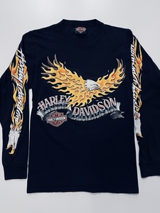 ★ 送料込み 90s Harley Davidson ハーレーダビッドソン ビンテージ 全面 両面プリント 袖プリント ロンT S 黒 ファイヤー イーグル ★