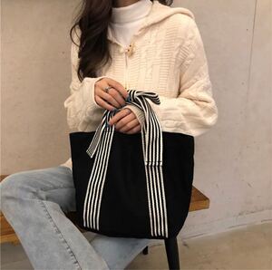トートバッグ リボントート 韓国 キャンバス A4バッグ ブラック 黒 大人気!