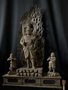時代彫刻　大迫力　最高級　井波彫刻　特大型高113cm 仏教工芸品　香樟材　木彫仏教　精密彫刻 仏師で仕上げ品　不動明王三尊立像