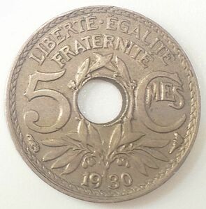 フランス　5センチム　1930年②　5CMES　LIBERTE・EGALITE　FRATERNITE