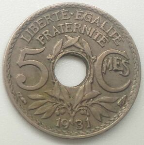フランス 5センチム 1931年　5CMES　LIBERTE・EGALITE FRATERNITE