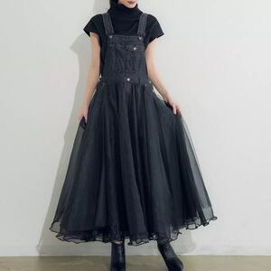 デニム チュール サロペット ワンピース ジャンパースカート マキシ丈 ロング ブラック 黒 お洒落 トレンド ブラックデニム