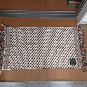 インド製 オシャレ 玄関 部屋 マット オレンジ × カーキ × ベージュ チェック柄