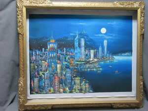 絵画額:「港の夜景」※ガラスがありません。/211218★, 絵画, 油彩, 自然、風景画