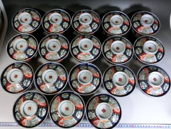 蓋茶碗□赤絵色絵 古伊万里 窓松竹梅 18客 蓋物 蓋碗 窓唐草図