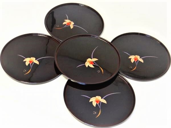 送料無料 漆器 美品 卓上膳 盆トレー 取り皿 ケーキ皿 5枚セット