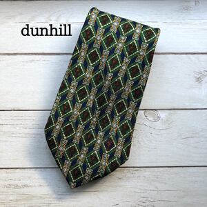 【美品】dunhill ダンヒル / イタリア製 緑 総柄 シルク ネクタイ
