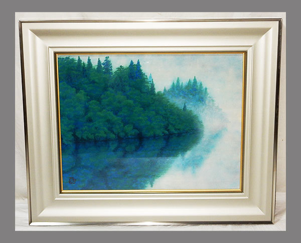 [Authentic] ■Jun Kanzaki■Mountain and Lake Green Rhythm Picture Frame■Comes with sticker■Hand-painted■Framed■Landscape painting■Japanese painting■, Painting, Japanese painting, Landscape, Wind and moon