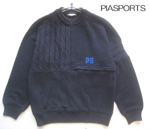  high class made in Japan!! Piasports PIASPORTS* Logo badge attaching cable braided knitted switch half Zip sweat 3 absolute size M navy blue Leica RAIKA