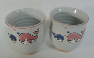 Art hand Auction ☆10G■加藤工艺手绘鲸鱼/鲸鱼茶杯一对■粉色鲸鱼USED, 茶具, 茶碗, 其他的