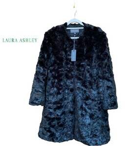 タグ付き ￥31320 LAURA ASHLEY【ローラアシュレイ】黒色 毛皮調 ノーカラーコート 大きいサイズ13号 （UK14 EUR40 USA10）