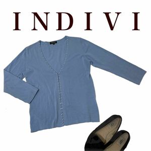 a25 INDIVI Indivi cardigan V neck cardigan tops feather weave outer garment lady's size 38 blue group!