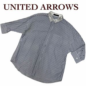 a101 ネイビー系 UNITED ARROWS ユナイテッドアローズ 7部丈シャツ ストライプシャツ シャツ トップス 総柄 襟元スパンコール レディース