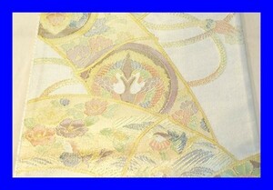 ○美品 女性着物 正絹 六通 袋帯 刺繍 金糸 花柄 424cm K0139