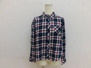 (10195)レディース チェック　シャツ 長袖 ブルー系 M USED