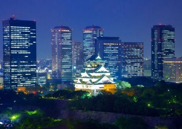 Osaka Castle Nachtansicht, beleuchtetes Tapetenposter im Malstil, extragroß, A1-Version, 830 x 585 mm (abziehbarer Aufklebertyp), 003A1, Drucksache, Poster, Andere
