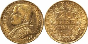 イタリア・教皇領　20リレ金貨　1868年R　美品～極美品　ピウス9世