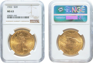 アメリカ　20ドル金貨　1922年　未使用品　自由の女神立像　NGC(MS63)